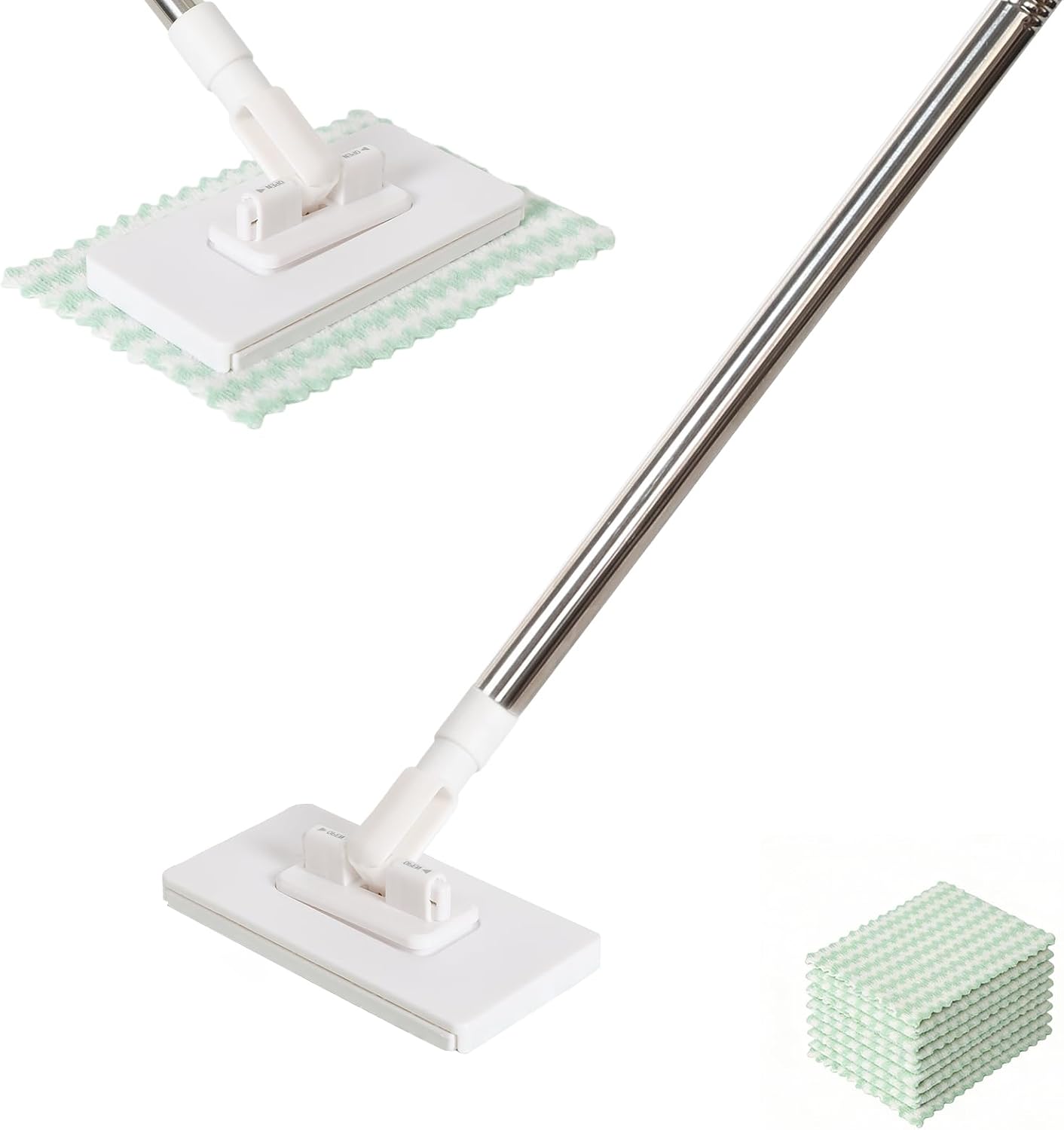 Snap Grip Mini Mop,Cloth Changing Mini Mop,Zero Touch MiniMop,Automatic Hands Free Push Pull Handle,Disposable Dust Mop with 10 Reusable Cloths for Wall Bathroom Toilet Corners Cleaning