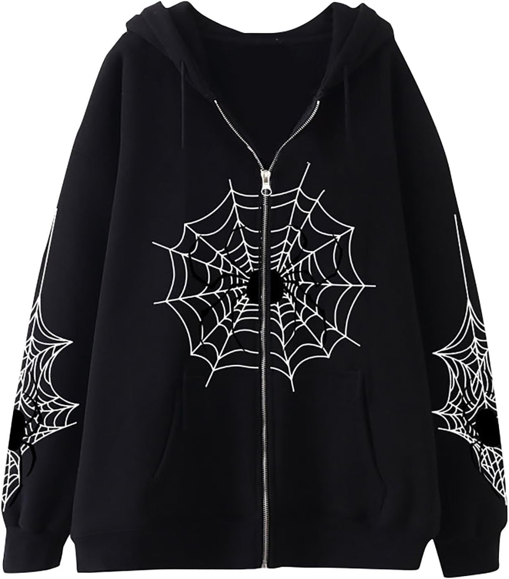 Unisex Spider Web Hoodies Jacket Halloween Zip Up Long Sleeve Y2K Tops Novelty Gothic Streetwear Oversized Sweatshirt