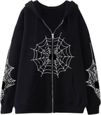 Unisex Spider Web Hoodies Jacket Halloween Zip Up Long Sleeve Y2K Tops Novelty Gothic Streetwear Oversized Sweatshirt