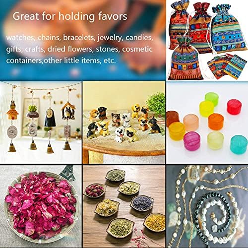 PINOWU Ethnic Style Drawstring Gift Bag 5x7 Cotton Reusable Pouches (12pcs) Jewelry Coin Storage Pouch Eco-Friendly Sachet Bags for Candy Wedding Party Valentine Favors