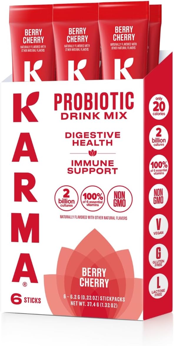 Karma Probiotic Hydration Packet - 6 Pack, Berry Cherry Powder Drink Mix Stick - On-The-Go Immune & Gut Health Support