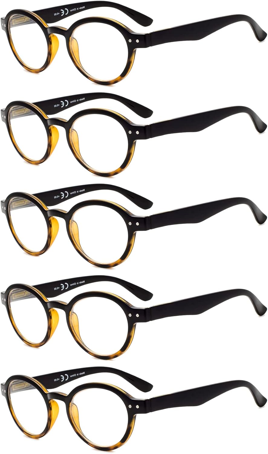 Eyekepper 5-pack Spring Hinges Round Retro Two Tone Readers Reading Glasses Black Yellow +0.50