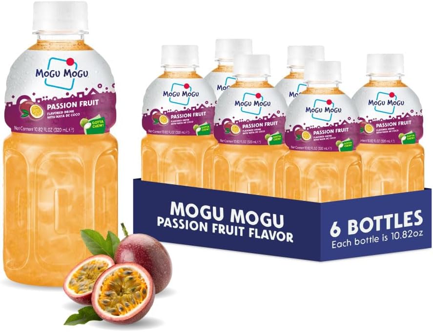Mogu Mogu Drink Passion Fruit (6 Bottles) Delicious drinks made with nata de coco (coconut jelly). Fun chewable juice boxes for kids. Famous Asian drinks. Juice bottles made for adults and kids. Ready to drink