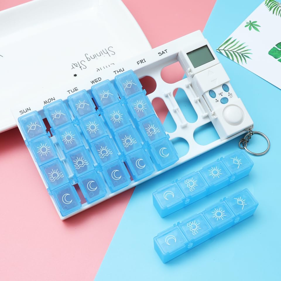 Didiseaon 7 Days Pill Dispenser Organizer with Reminder Alarm - Blue Pill Organizer with 28 Compartments for Weekly Medication Management