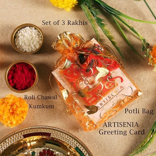 Raksha Bandhan Premium Set of 3 Evil Eye Rakhi for Brother with Raksha Bandhan Greeting Card & Roli Chawal Tika | Designer Evil Eye Rakhi for Small Brother | Evil Eye Elephant Rakhi for Bhaiya Brother