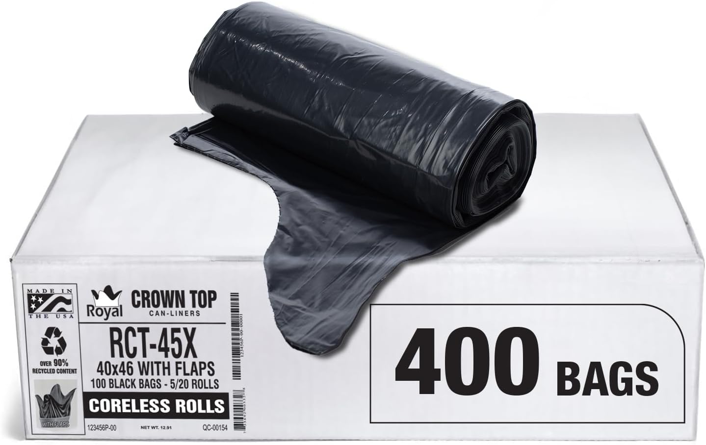 Aluf Plastics RCT-45X Star Sealed Coreless Rolls with E-Z Tie Flap Closure, 45 gal, Polyethylene, 40" x 46", Black (Pack of 400)