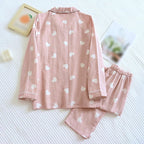 REHJJDFD Women's Cotton Gauze Homewear Pajama Suit Casual Printed 2Pcs Turn Down Collar Nightwear Pijamas