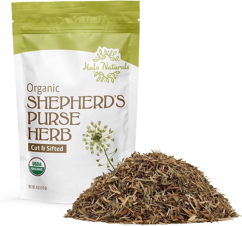 Halo Naturals Organic Shepherd's Purse Herb Cut & Sifted, 4 Ounces (Capsella bursa pastoris) USDA Certified | Resealable Pouch| Packaged in The USA