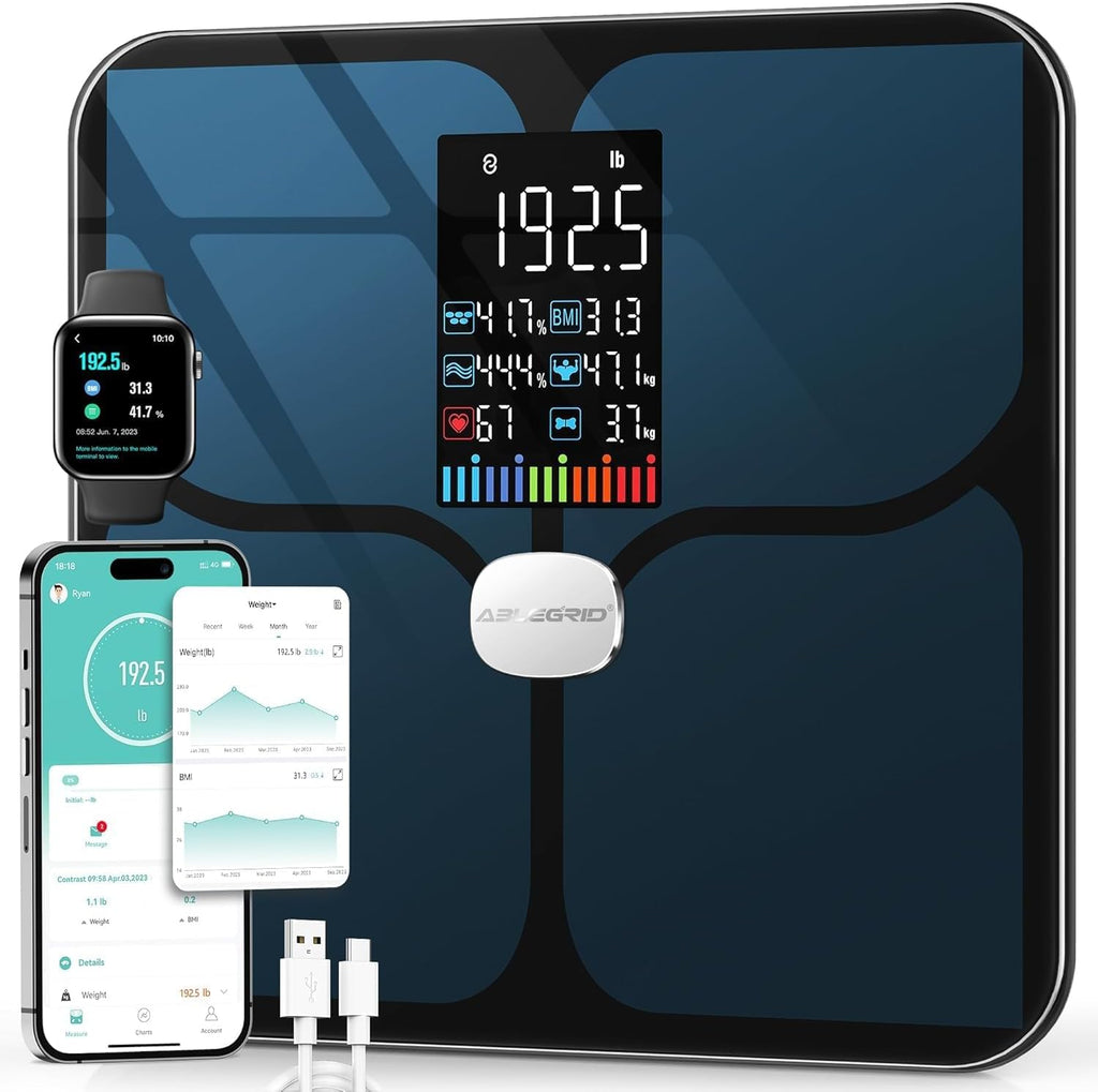 ABLEGRID Body Fat Scale,Digital Smart Bathroom Scale for Body Weight, Large Color Display Screen, 22 Body Composition Metrics BMI, Water Weigh, Heart Rate, Baby Mode, 400lb, Rechargeable