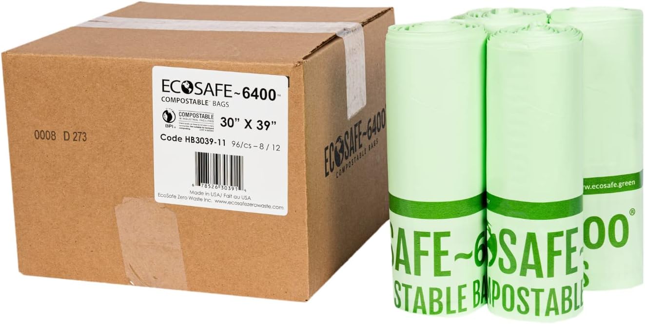 EcoSafe-6400 HB3039-11 Certified Compostable Bag - 30x39” Green Bags for 30 Gallon Bin - Extra Strong Leak, Puncture and Tear Resistant Food Scraps Bin Liners, Pack of 96