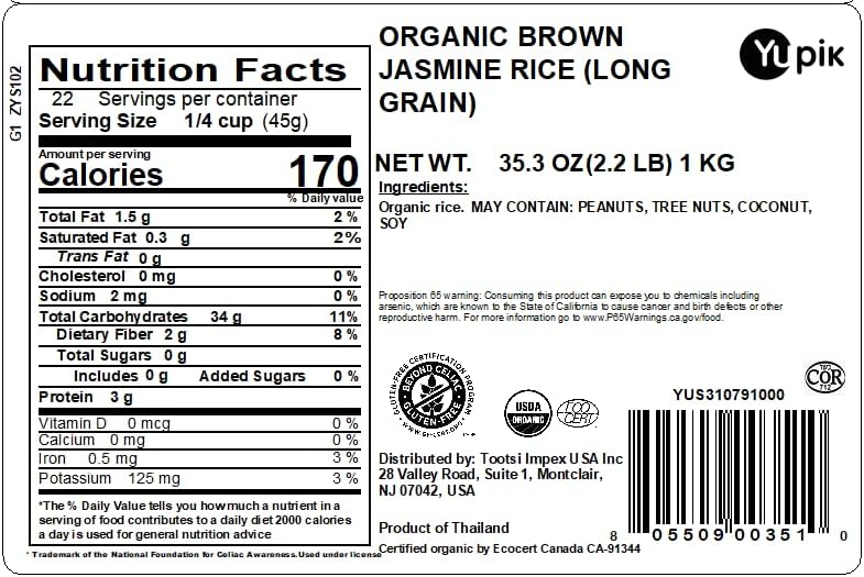 Yupik Organic Brown Jasmine Rice, Long Grains, 2.2 lb (35.2 oz), Gluten-Free, Non-GMO, Vegan, Kosher, Whole Grains, Wheat-Free, Salt-Free, Source of Fiber, Ideal for Recipes, Side Dishes & More
