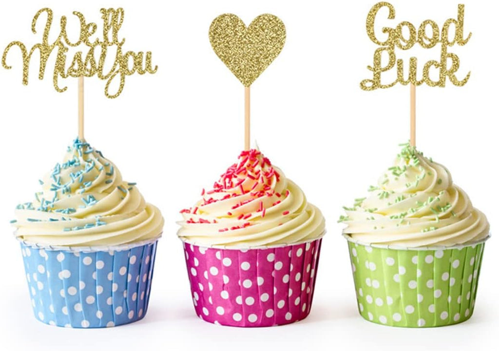 Morndew 24 PCS Gold Glitter We Will Miss You Good Luck Heart Cupcake Toppers for Office Work Party Going Away Party Farewell Retirement Anniversary Celebration Party Decorations