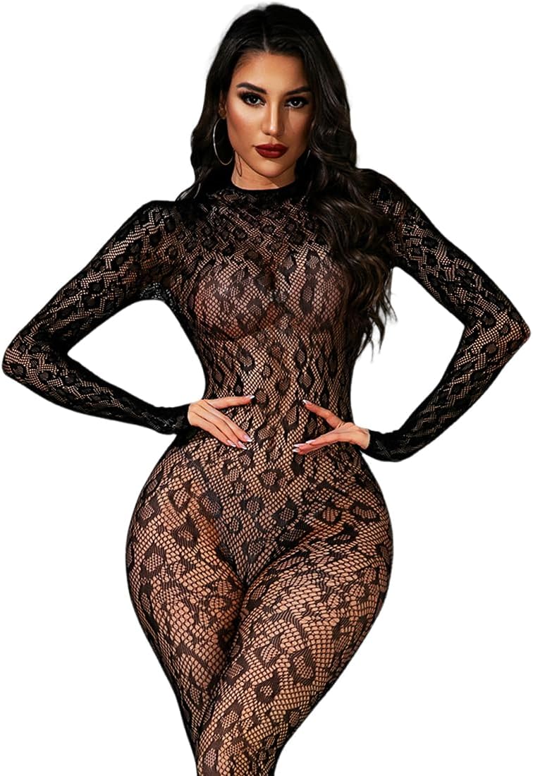 Women Sexy Fishnet Bodysuit, Lace Leopard Jumpsuit Full Body Stockings Mesh Lingerie, One Piece Party Festival Rave Outfits