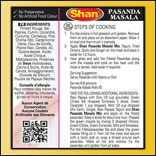 Shan Pasanda Recipe and Seasoning Mix 1.76 oz (50g) - Spice Powder for Fillet Steaks in Creamy Sauce - Suitable for Vegetarians - Airtight Bag in a Box (Pack of 3)