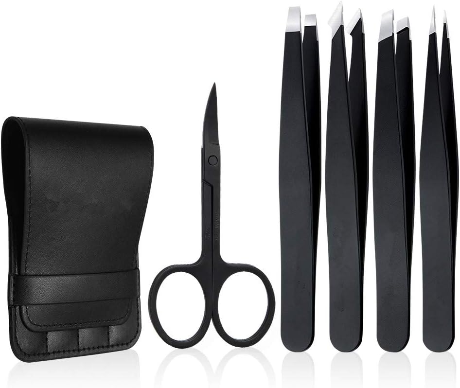 Tweezers Set 5-Piece - Professional Stainless Steel Tweezers with Curved Scissors, Best Precision Tweezer for Eyebrows, Splinter & Ingrown Hair Removal with Leather Travel Case (Black)