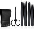 Tweezers Set 5-Piece - Professional Stainless Steel Tweezers with Curved Scissors, Best Precision Tweezer for Eyebrows, Splinter & Ingrown Hair Removal with Leather Travel Case (Black)