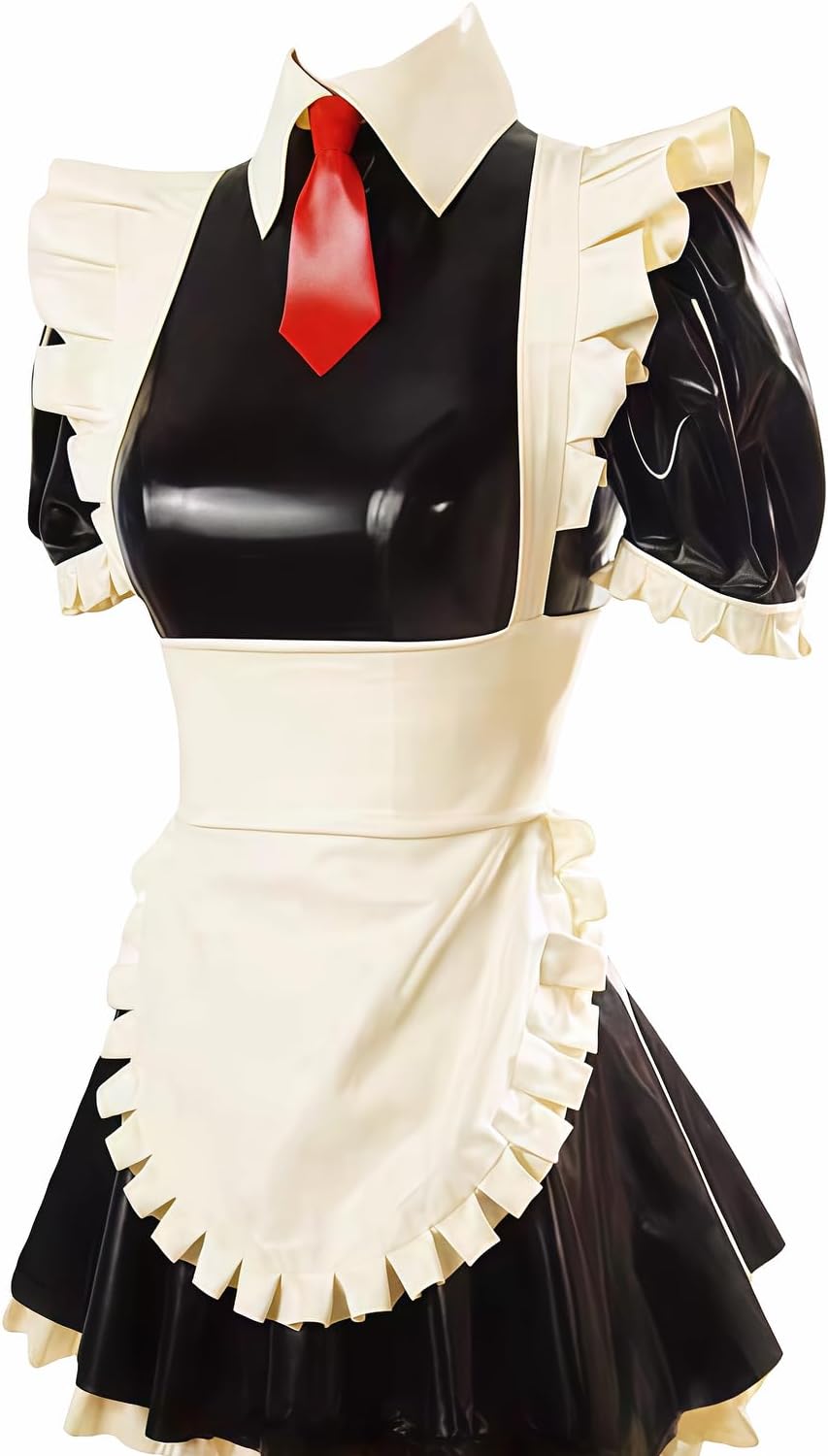 French Maid Latex Dress with Apron Zipper at Back Rubber Uniform Bodycon Playsuit Customizable