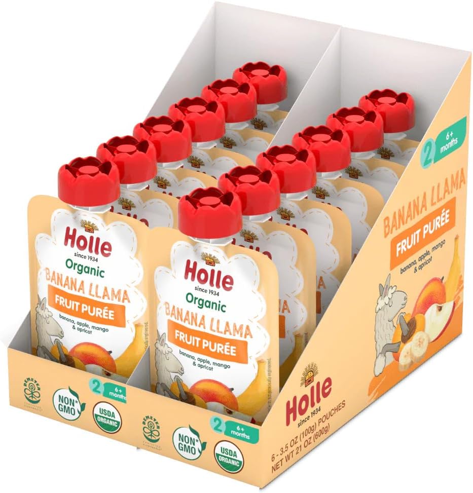 Holle Organic Baby Food Pouches - Banana Llama Baby Puree with Banana, Apple, Mango, and Apricot - (12 Pack) Organic Baby Snacks + Fruit and Veggie Pouches for Weaning Babies 6 Months and Older