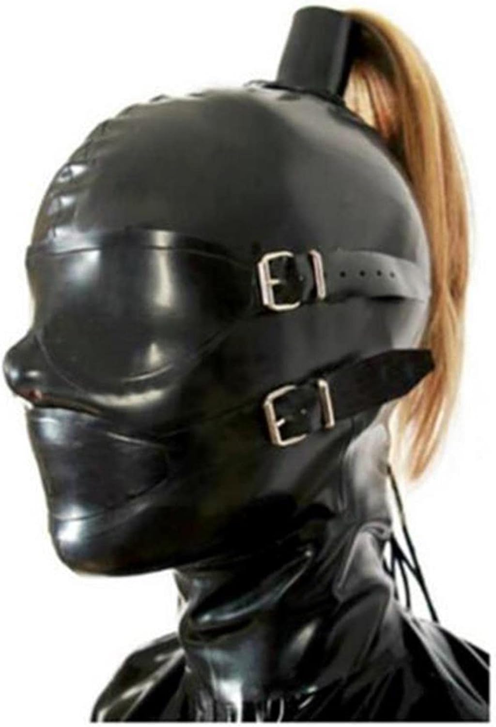 Latex Head Cover with Wig Ponytail Sexy Latex Head Face Hood Rubber HeadMask Back Zipper for Cosplay Party Club Wear (M)