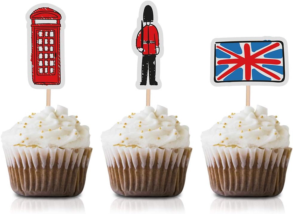 London Cupcake Toppers Picks, 24-Pack Baby Shower Or Birthday British UK Party Supply Decorations