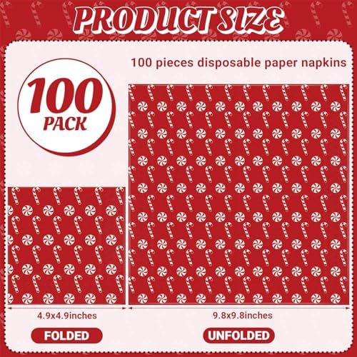 Honoson Cocktail Guest Napkins Paper Disposable Beverage Dinner Napkins Hand Towel for Holiday Birthday Party Supplies Favors Table Decoration(100 Pcs,Christmas Candy Cane)