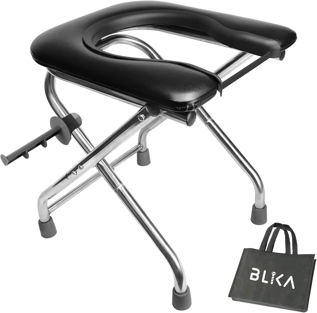 BLIKA Portable Toilet for Camping, 350LBS Stainless Steel Foldable Camp Travel Toilet with Soft Seat for Adults, 16.5-Inch Portable Toilet for Truckers, Camping, RV Travel, Road Trips, Outdoor Use