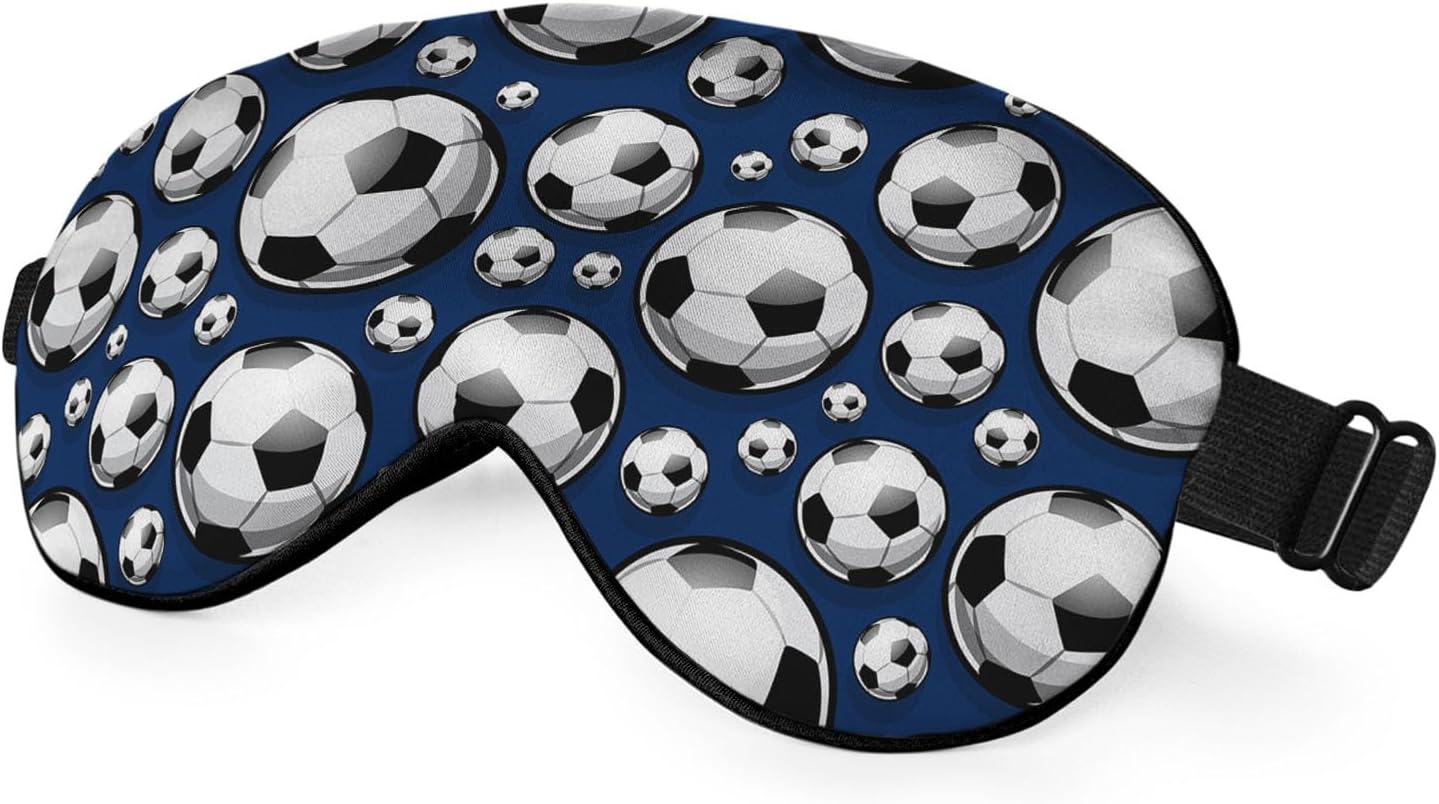 Football Sleep Eye Mask Soccer Ball Black White Square Sphere Blue Silk Eye Mask Sleeping Soft Eye Shade Cover for Men Women Boy Girl Airplane Travel with Elastic Strap