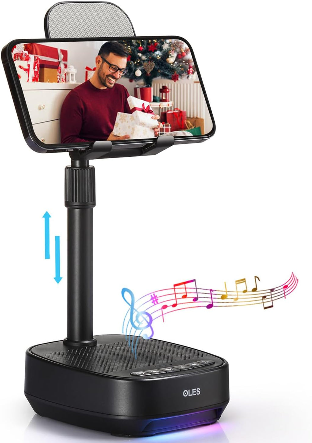 OLES Gifts for Men Women, Adjustable Cell Phone Stand with Wireless Bluetooth Speaker(7-11''Height), Unique Birthday Gifts for Dad Mom Him, Phone Holder Led Color Light for iPhone/Android/Tablets