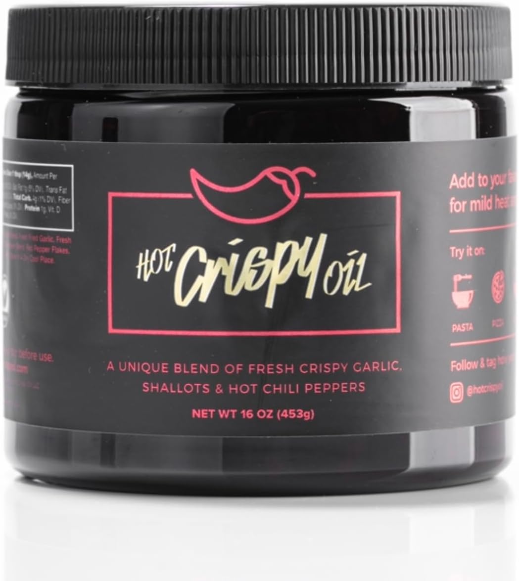 The "Hot Tub" from Hot Crispy Oil, Unique Blend of Fresh Crispy Garlic, Shallots, Hot Chili Peppers and Olive Oil, 16 oz Chili Crisp Oil