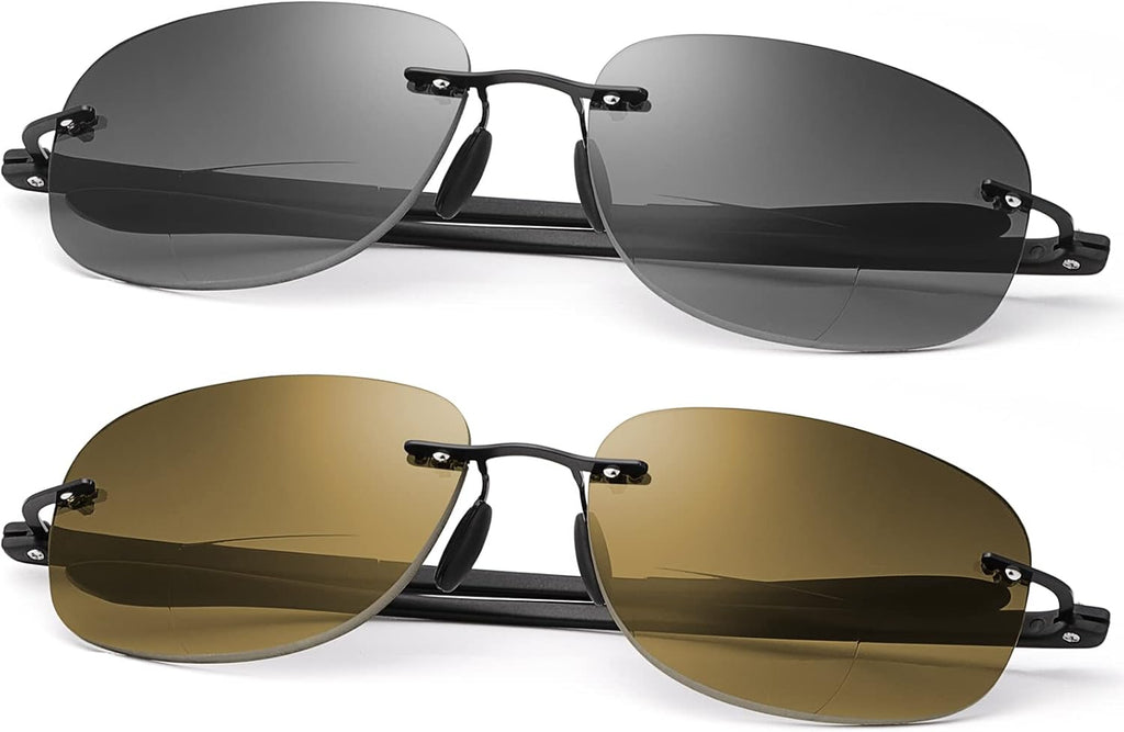 2 Pairs Rimless Bifocal Reading Glasses UV Protection Sunglasses Anti Blue Light Blocking Sun Readers for Men Women