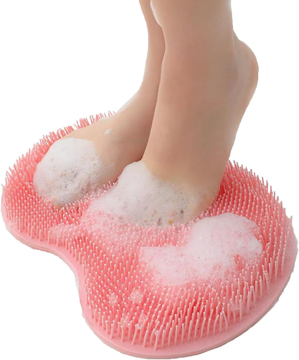 Shower Foot and Back Scrubber Mat,Wall Mounted Shower Foot Scrubber with Suction Cups,Exfoliating Silicone Massage Cleaner Mat(Pink)