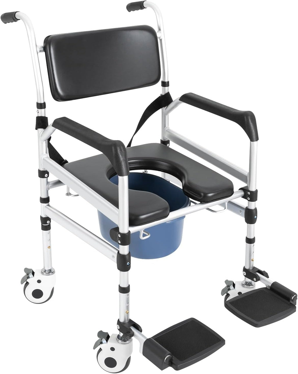 4 in 1 Folding Shower Chair with 4 Wheels, 353LBS Shower Folding Toilet Seat Rolling Wheels Shower Chair Bedside Commode Chairs Adjustable Height Bathroom Wheelchair for Elderly Pregnant and Disabled