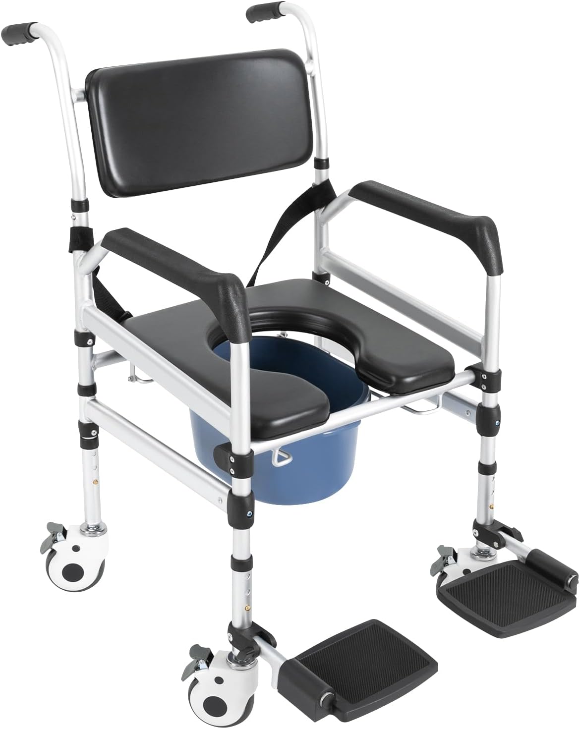 4 in 1 Folding Shower Chair with 4 Wheels, 353LBS Shower Folding Toilet Seat Rolling Wheels Shower Chair Bedside Commode Chairs Adjustable Height Bathroom Wheelchair for Elderly Pregnant and Disabled