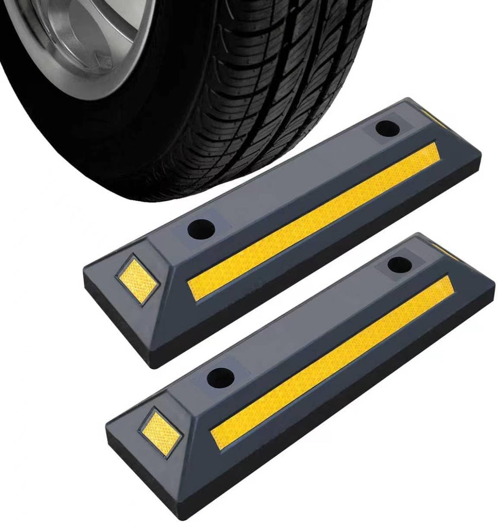 RELIANCER 2PCS Rubber Parking Guide Tire Blocks,Garage Wheel Stoppers Blocks w/Reflective Stripes,Park Assist Rubber Curb Guide,Parking Lot Tire Stops,Car Park Wheel Chocks for Truck RV Trailer SUV