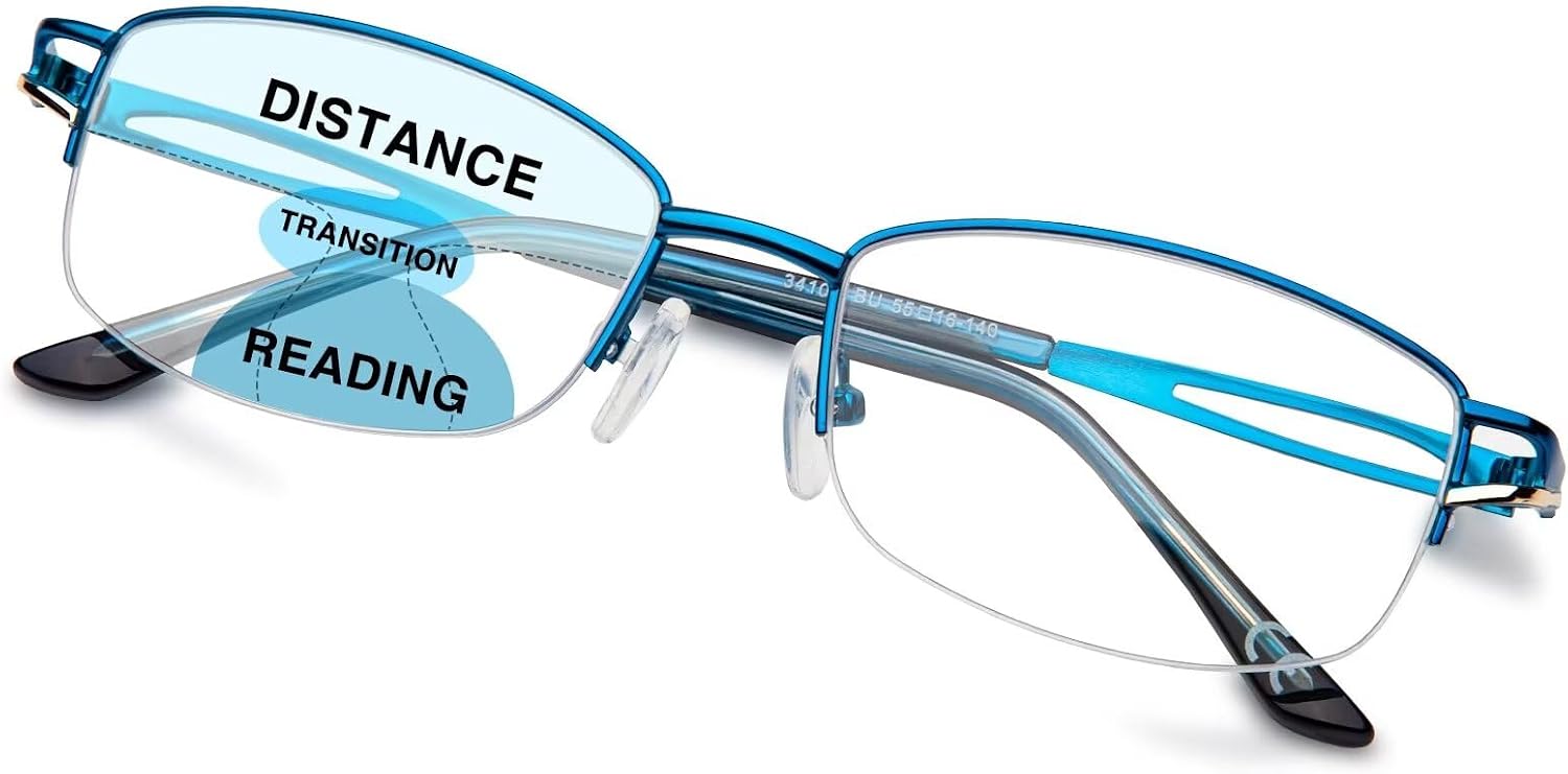 LianSan Metal Zero Top Progressive Multifocus Reading Glasses - for Women Half-Rim Blue Light Blocking Readers Clear Top Blue 2.50