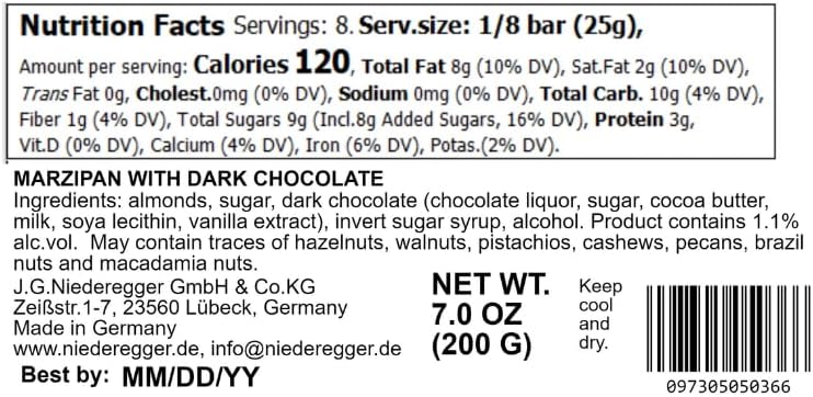 Niederegger Classic Marzipan Loaf Coated with Crisp & Dark Chocolate - 200g/7 oz | Ultimate Masterpiece, Premium Quality, Handcrafted, Authentic | Made in Germany since 1806 | Kosher