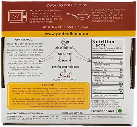 Pride Of India - Spicy Chickpea Masala Papadum Lentil Crisp, 10 count (3.53oz - 100gm) - Microwaveable Instant Chips, Gluten-Free Vegan Crackers, Healthy Protein, Fiber & Iron Rich Snacks
