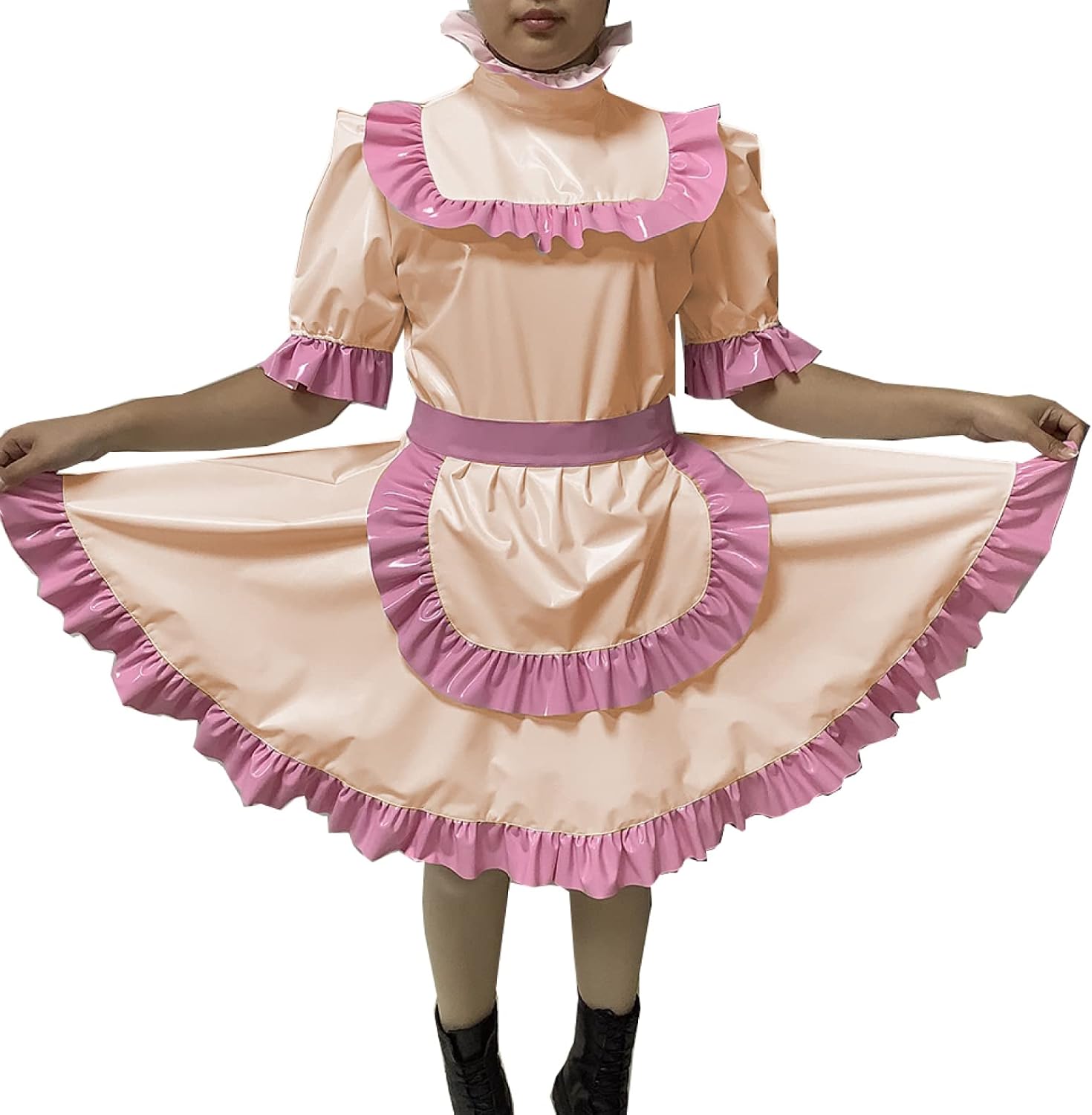 Adult Sexy Lockable Cross Dressing Sissy Maid PVC Dress Lockable Uniform Apron Costume Jumpsuits Rompers,Apricot,L