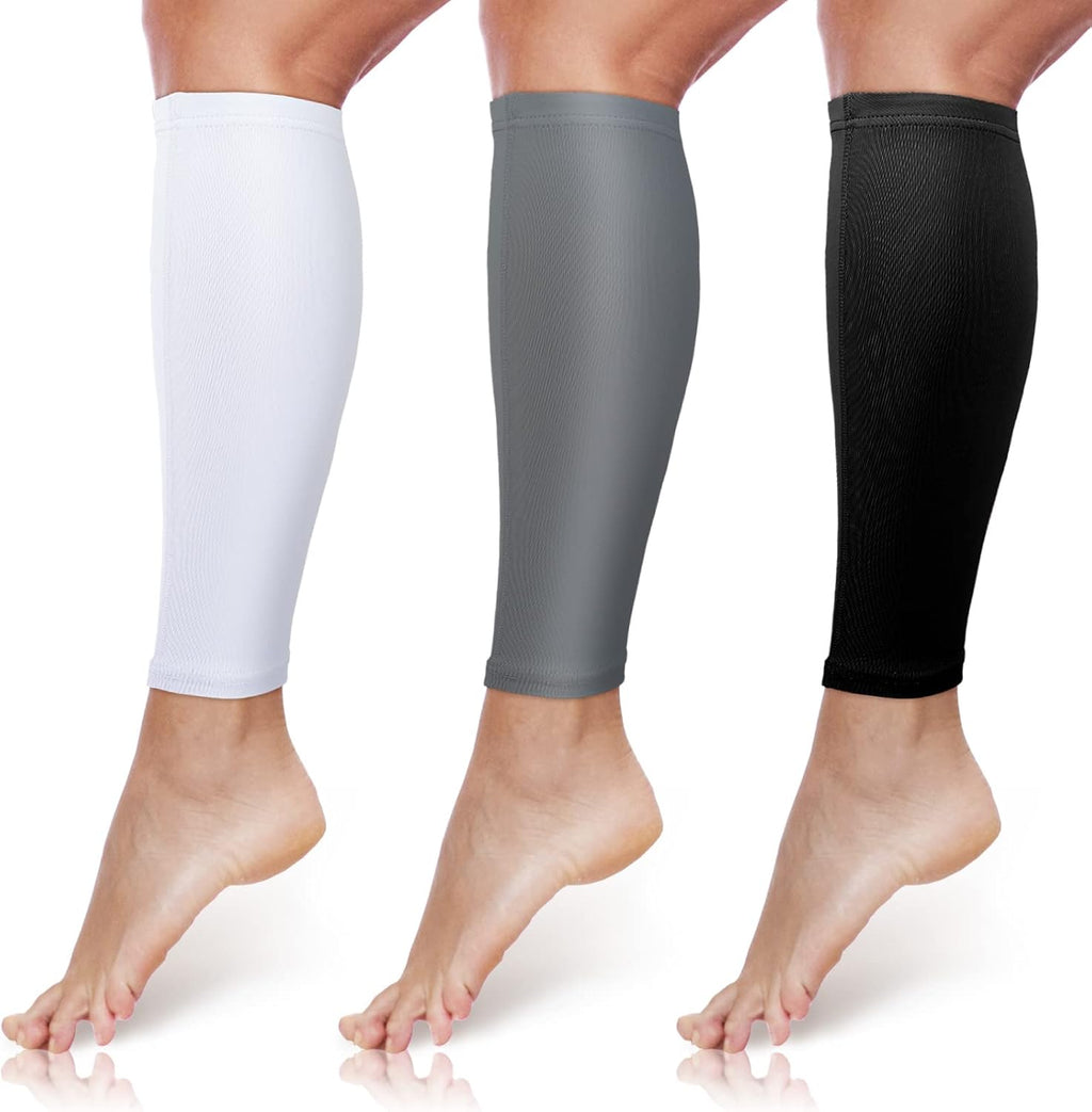 3 Pairs Calf Compression Sleeves for Men And Women Football Leg Sleeve Footless Compression Sock for Running Athlete Cycling (Black, White, Gray, X-Large)