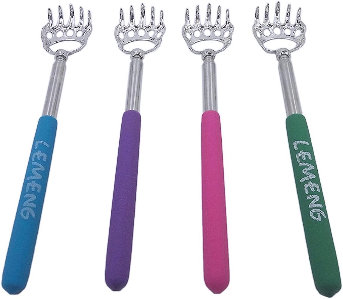 CERRXIAN (4-Pack) Telescoping Back Scratcher, LEMENG Portable Extendable Telescopic Bear Claws Metal Back Scratchers - Hand Massager Backslap with Rubber Handles