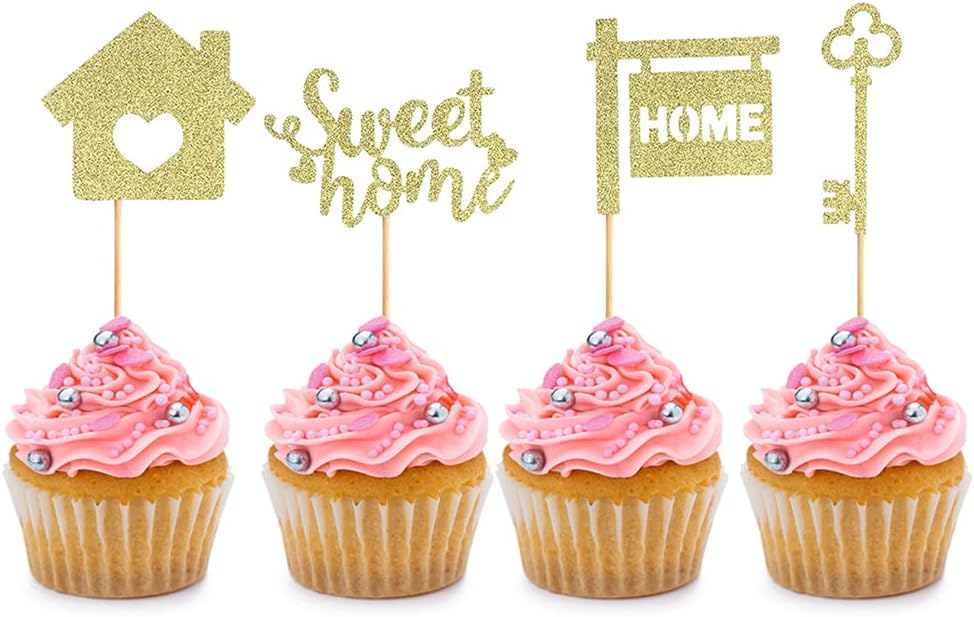 24 PCS Gold Glitter Sweet Home key Cupcake Toppers Picks for Housewarming New Home Theme Party Cake Decorations Supplies