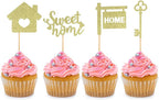 24 PCS Gold Glitter Sweet Home key Cupcake Toppers Picks for Housewarming New Home Theme Party Cake Decorations Supplies