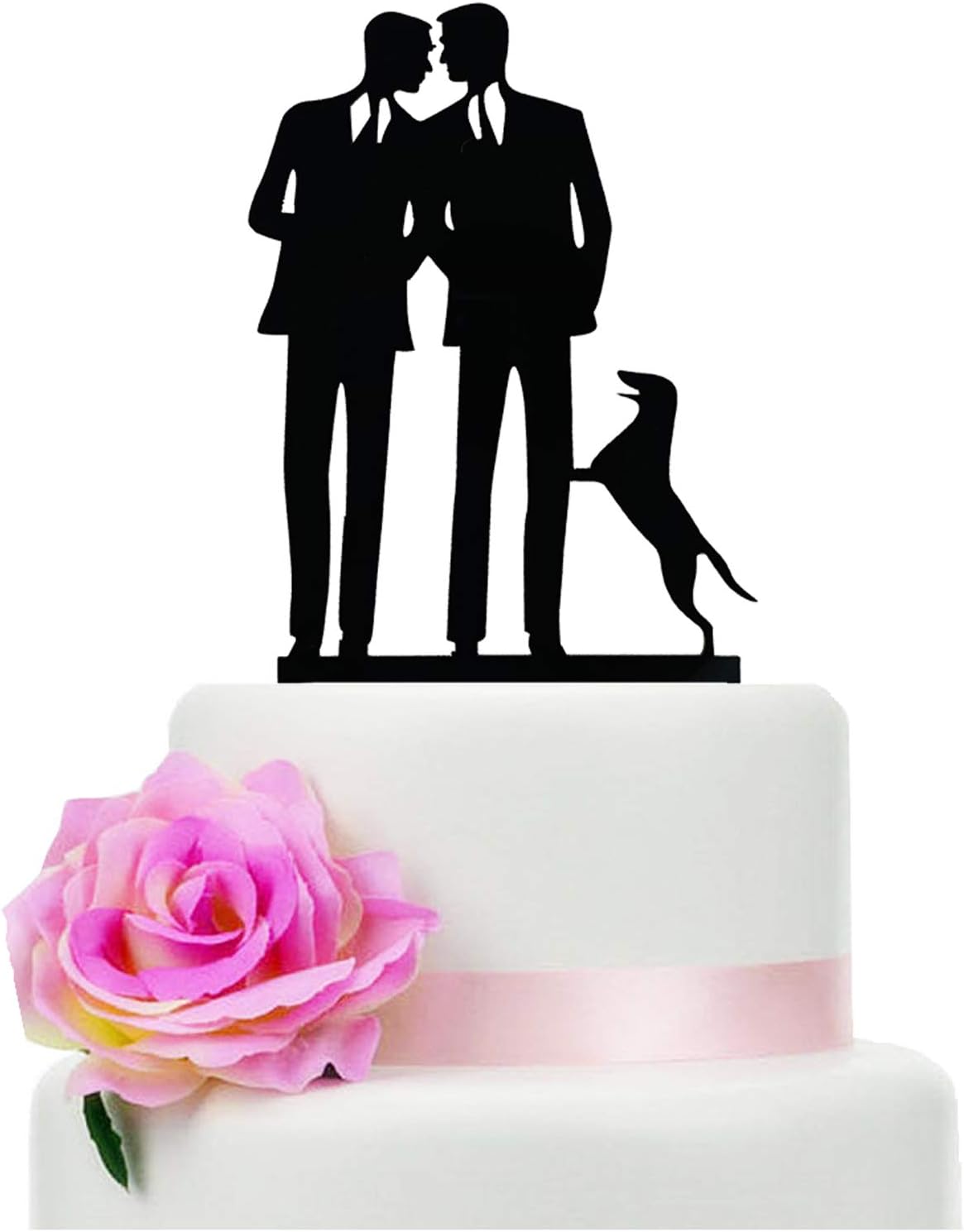 Gay Wedding Cake Topper With Dog, Black Acrylic Silhouette Couple Groom and Groom Wedding/Aniversary/Engagement Party Engagement Cake Decoration