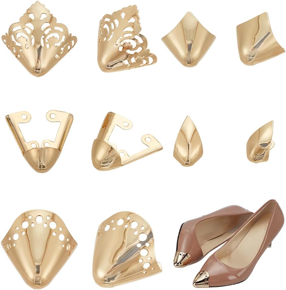 FINGERINSPIRE 10PCS High Heel Toe Protection 5 Styles Light Gold Metal Shoes Pointed Protectors Iron Toe Cap Covers Toe Protectors for Pointed Toe High-Heeled Shoes Shoes Protection Repair Decoration