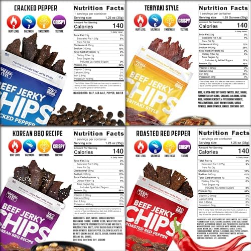 Beef Jerky Chips Variety Pack, 4 Pack | Unique Crispy Texture, Up to 28g of Protein Per Bag, Bold Flavors Include Cracked Pepper, Teriyaki, Roasted Red Pepper & Korean BBQ | Jerky Gifts, Gift for Mom