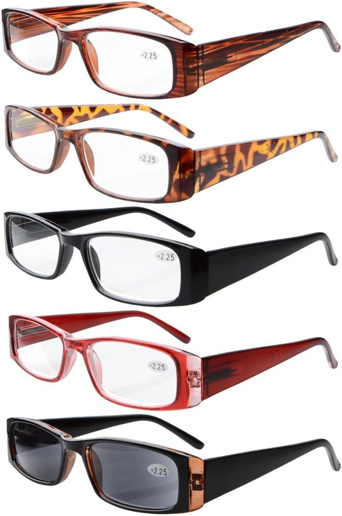 Eyekepper 5-Pack Spring Hinges Rectangular Reading Glasses Sunshine Readers +1.25