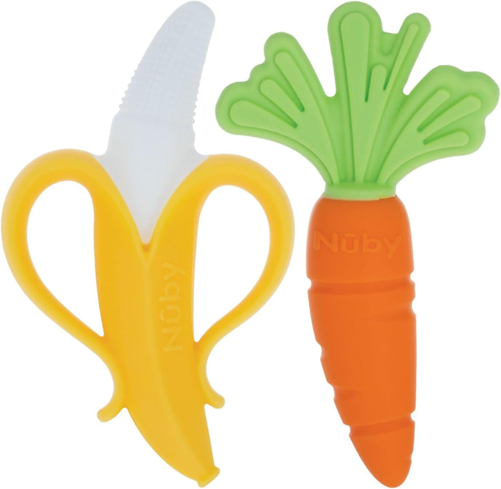 Nuby NanaNubs Banana Massaging Toothbrush and Carrot Teether - (2 Pack) Baby Teething Toys for 3+ Months