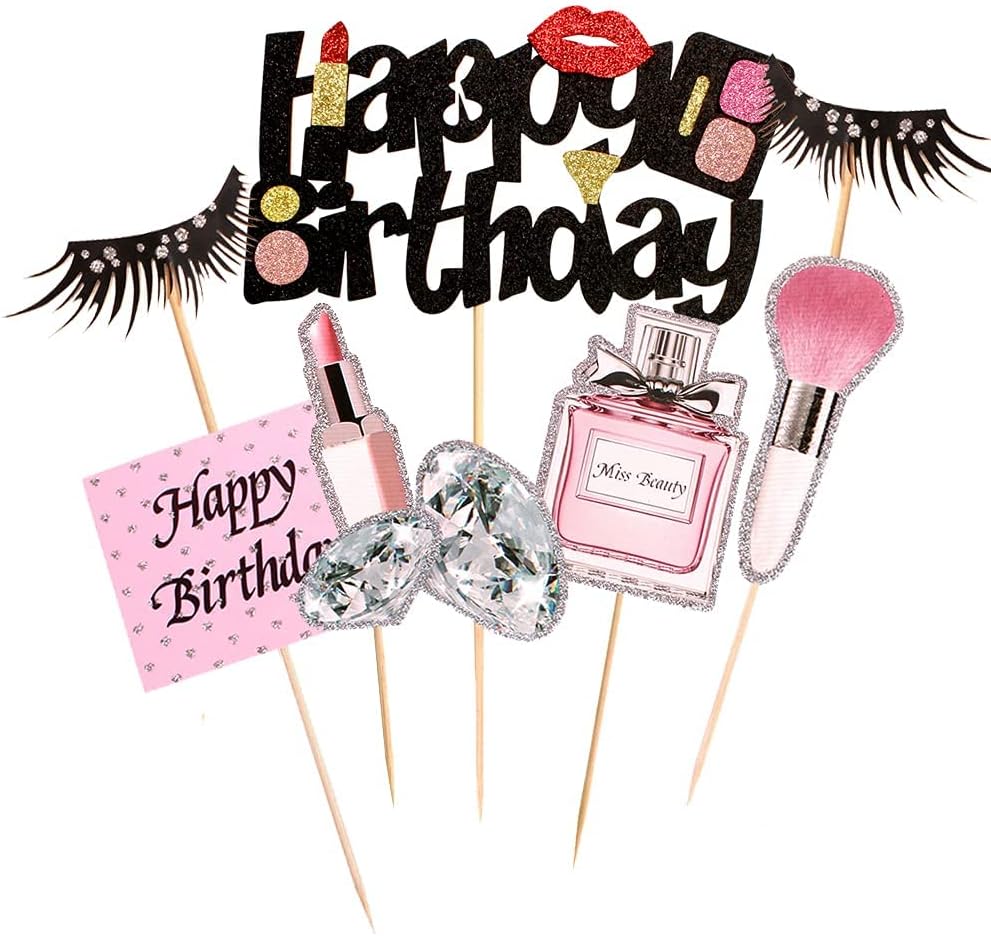 22Pcs Makeup Cake Topper, Lipstick Perfume Eyelash Diamond Brush Cosmetic Cupcake Toppers, Happy Birthday Decoration for Birthday Bridal Shower Girl Women Makeup Salon Spa Party Supplies