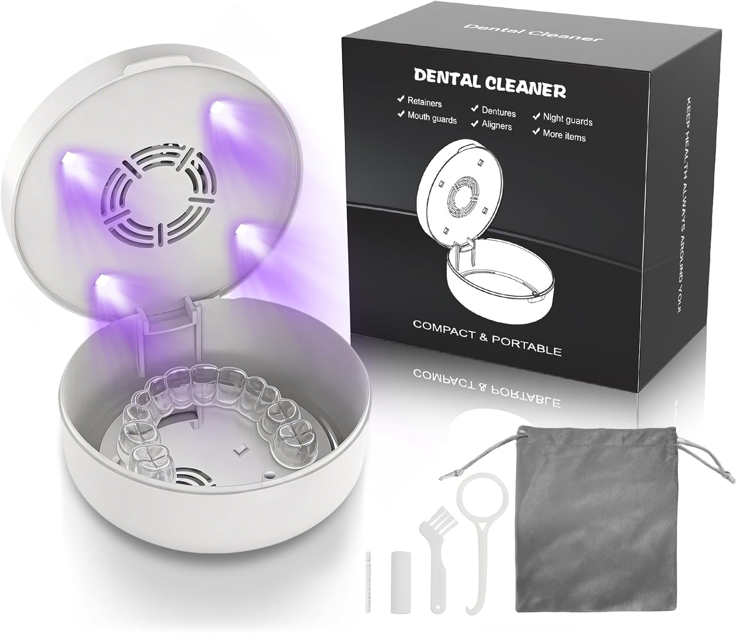 Voraiya UV Retainer Case with Fan, Portable Cleaning Denture Cases with UV Lights Rechargeable Retainers Cleaner Container for Partial Denture, Aligners, Mouth Guard, Night Guard, Braces