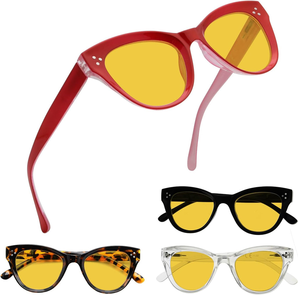 Eyekepper 4 Pack Oversized Blue Light Filter Glasses Women Cat Eye Computer Reading Glasses Amber Tinted +2.00